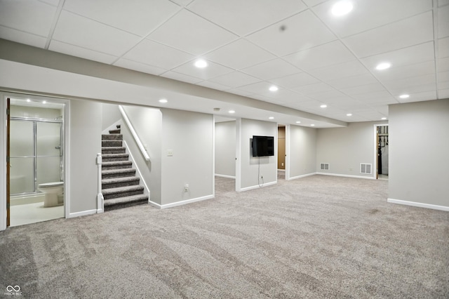6183 Whitetail Run, Greenwood, IN 46143 - finished below grade area featuring carpet floors, stairs, a paneled ceiling, and recessed lighting
