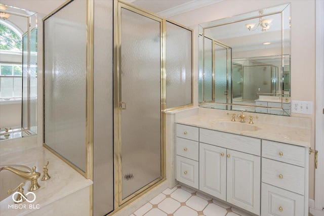 8315 Union Chapel Rd, Indianapolis, IN 46240 - bathroom featuring a stall shower, vanity, ornamental molding, a garden tub, and tile patterned floors