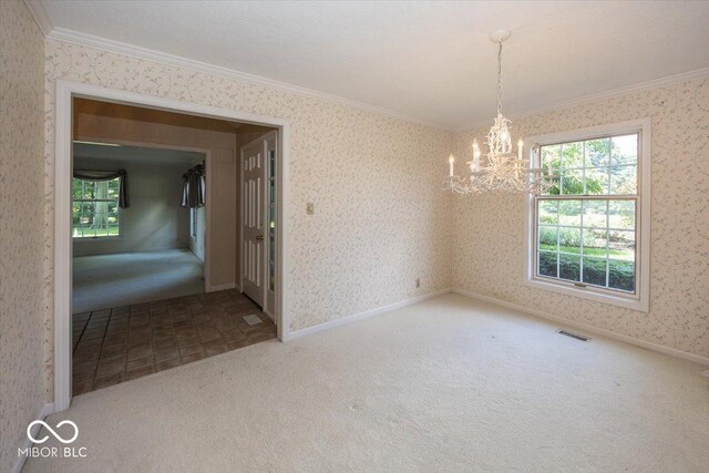 8315 Union Chapel Rd, Indianapolis, IN 46240 - carpeted spare room featuring crown molding, a chandelier, and wallpapered walls