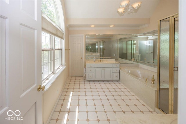 8315 Union Chapel Rd, Indianapolis, IN 46240 - full bathroom featuring a garden tub, vanity, lofted ceiling, ornamental molding, and a shower with shower door