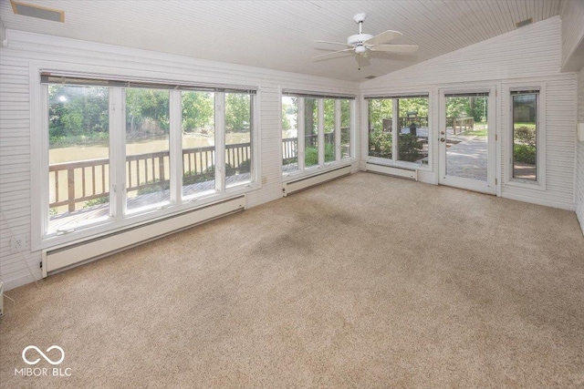 8315 Union Chapel Rd, Indianapolis, IN 46240 - unfurnished sunroom with a baseboard heating unit, carpet, and vaulted ceiling