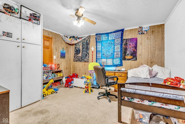 850 Duane St, Franklin, IN 46131 - carpeted bedroom featuring wooden walls, a textured ceiling, and ceiling fan