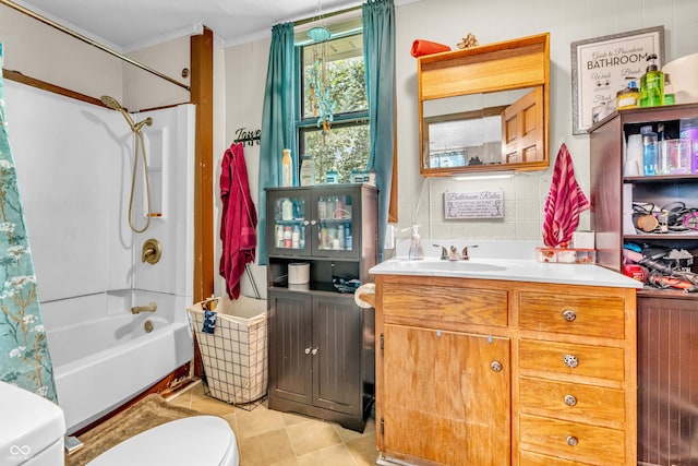 850 Duane St, Franklin, IN 46131 - bathroom featuring shower / tub combo with curtain, vanity, tile patterned flooring, and crown molding
