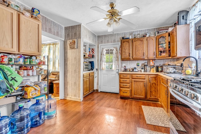 850 Duane St, Franklin, IN 46131 - kitchen with light wood-style flooring, light countertops, gas stove, a ceiling fan, and a textured ceiling