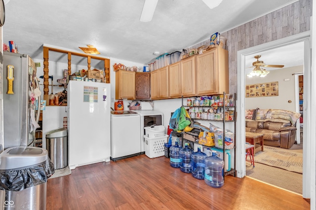 850 Duane St, Franklin, IN 46131 - kitchen featuring ceiling fan, freestanding refrigerator, washer / clothes dryer, and dark wood-style floors