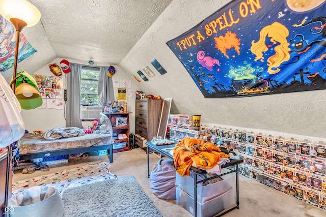 850 Duane St, Franklin, IN 46131 - rec room featuring a textured ceiling, vaulted ceiling, carpet, and cooling unit