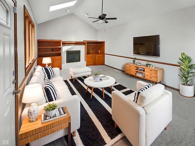 757 Winter Way, Carmel, IN 46032 - carpeted living area featuring a skylight, a ceiling fan, and lofted ceiling