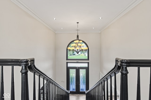4465 W Woodbridge Ln, New Palestine, IN 46163 - foyer entrance with a chandelier, stairs, wood finished floors, crown molding, and recessed lighting