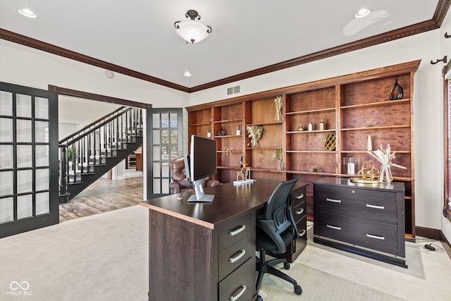 4465 W Woodbridge Ln, New Palestine, IN 46163 - office featuring ornamental molding, recessed lighting, and french doors