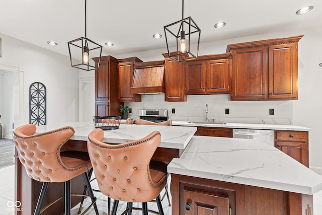 4465 W Woodbridge Ln, New Palestine, IN 46163 - kitchen featuring premium range hood, a kitchen island, recessed lighting, appliances with stainless steel finishes, and decorative light fixtures