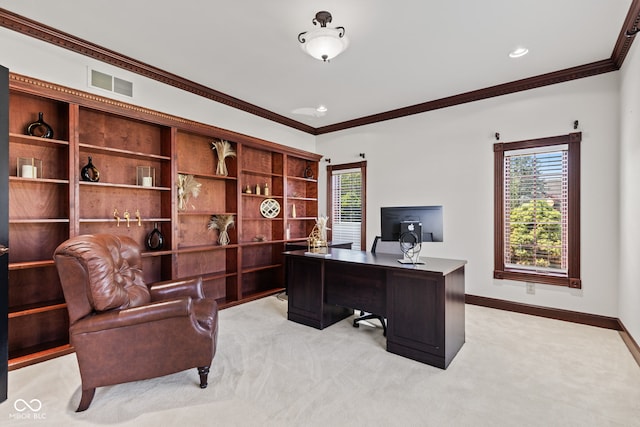 4465 W Woodbridge Ln, New Palestine, IN 46163 - office area with light colored carpet, healthy amount of natural light, and crown molding