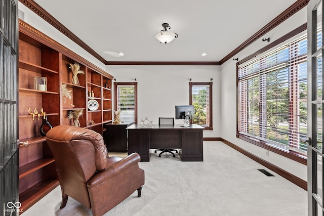 4465 W Woodbridge Ln, New Palestine, IN 46163 - home office with light carpet, healthy amount of natural light, and crown molding