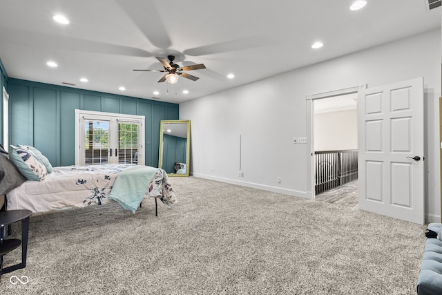 4465 W Woodbridge Ln, New Palestine, IN 46163 - bedroom featuring carpet flooring, recessed lighting, a decorative wall, french doors, and access to outside