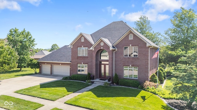 4465 W Woodbridge Ln, New Palestine, IN 46163 - view of front of house featuring french doors, concrete driveway, brick siding, an attached garage, and a front yard