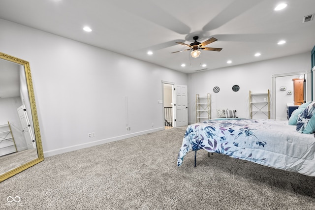 4465 W Woodbridge Ln, New Palestine, IN 46163 - carpeted bedroom featuring recessed lighting and a ceiling fan