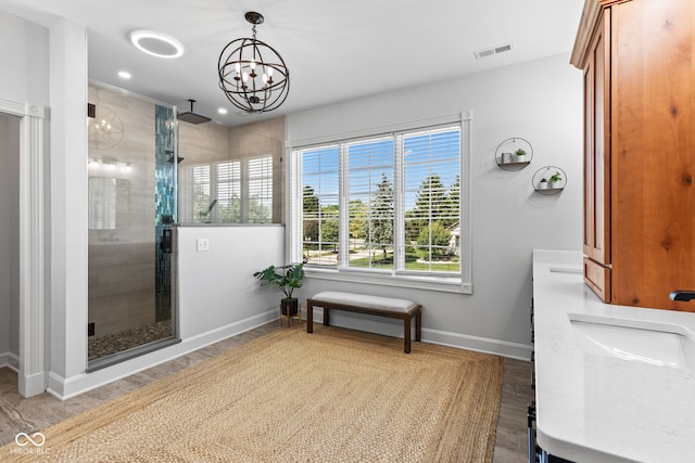 4465 W Woodbridge Ln, New Palestine, IN 46163 - bathroom featuring a stall shower, a chandelier, wood finished floors, double vanity, and recessed lighting