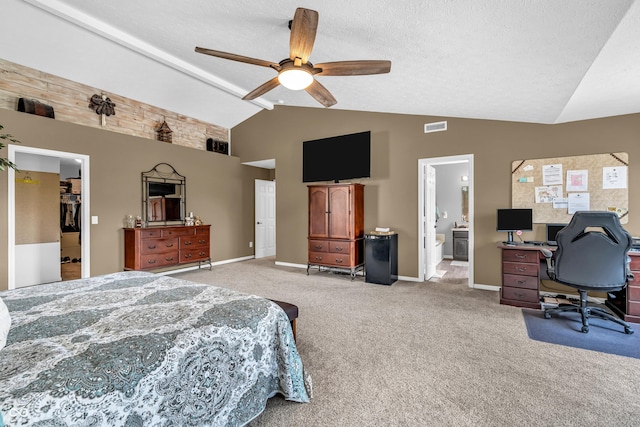 7047 Lancaster Ln, Avon, IN 46123 - bedroom featuring light colored carpet, an office area, a ceiling fan, high vaulted ceiling, and a walk in closet