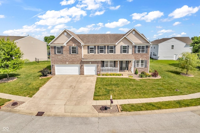 7047 Lancaster Ln, Avon, IN 46123 - traditional-style house featuring brick siding, a porch, concrete driveway, and a front lawn