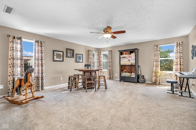 7047 Lancaster Ln, Avon, IN 46123 - carpeted dining area with ceiling fan, a textured ceiling, and healthy amount of natural light