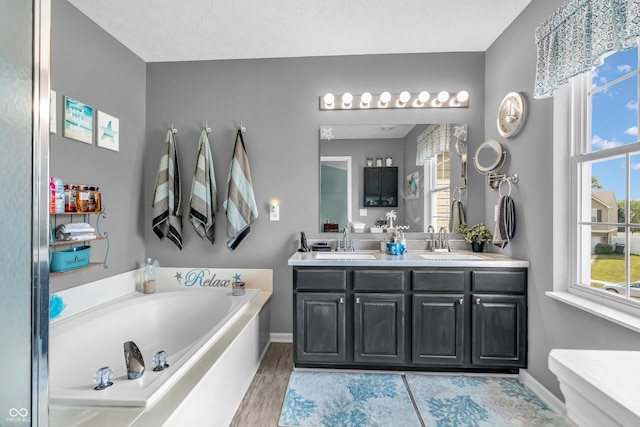 7047 Lancaster Ln, Avon, IN 46123 - bathroom with a bath, double vanity, and wood finished floors