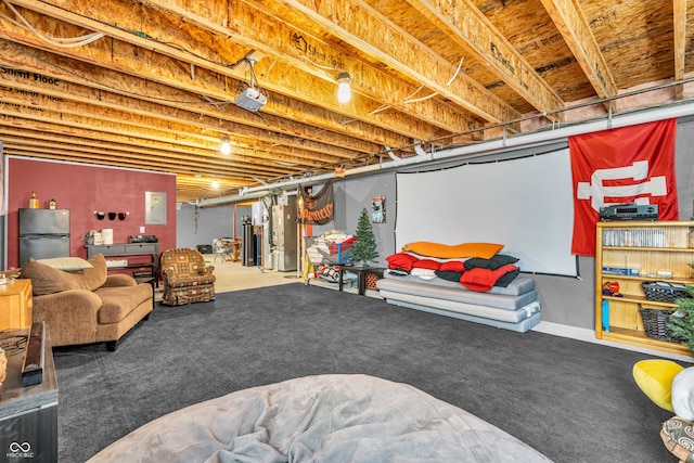 7047 Lancaster Ln, Avon, IN 46123 - finished below grade area featuring freestanding refrigerator, water heater, carpet, and electric panel