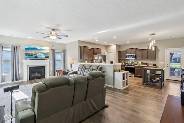 1209 E Wabash St, Frankfort, IN 46041 - living room featuring ceiling fan, wood finished floors, healthy amount of natural light, a textured ceiling, and recessed lighting