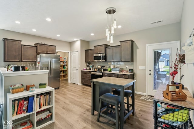 1209 E Wabash St, Frankfort, IN 46041 - kitchen featuring appliances with stainless steel finishes, dark brown cabinets, tasteful backsplash, and recessed lighting