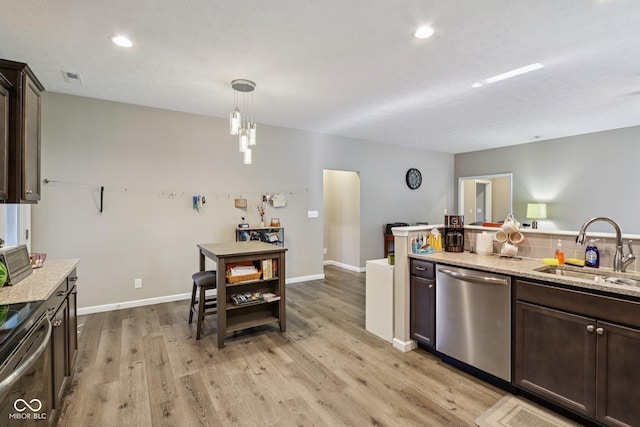 1209 E Wabash St, Frankfort, IN 46041 - kitchen featuring stainless steel dishwasher, dark brown cabinets, light wood-type flooring, electric stove, and pendant lighting