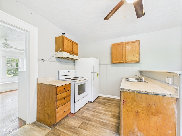 1201 Arrow Ave, Anderson, IN 46016 - kitchen featuring white appliances, ceiling fan, under cabinet range hood, light wood-type flooring, and brown cabinetry