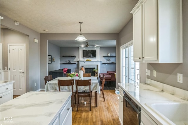 14156 Avalon E Dr, Fishers, IN 46037 - dining space featuring a glass covered fireplace, light wood finished floors, and a textured ceiling