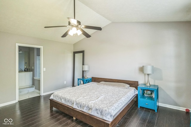 14156 Avalon E Dr, Fishers, IN 46037 - bedroom with wood finished floors, lofted ceiling, connected bathroom, and ceiling fan