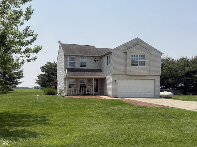 4065 W New Castle Rd, Frankfort, IN 46041 - view of front of house with an attached garage, a porch, concrete driveway, a front lawn, and a shingled roof