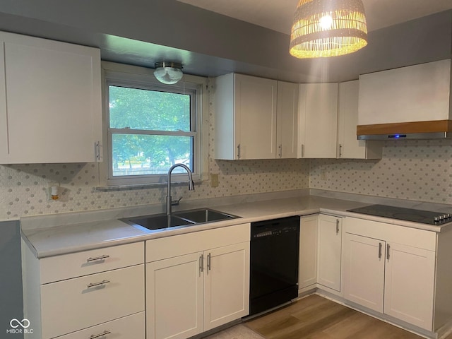 8008 Cherington Dr, Indianapolis, IN 46227 - kitchen featuring black appliances, custom exhaust hood, white cabinets, and light countertops