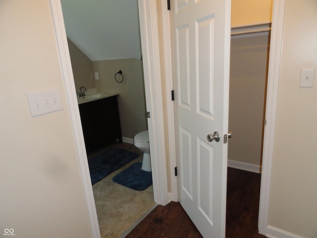2502 N Harding St, Indianapolis, IN 46208 - bathroom featuring vaulted ceiling, vanity, and wood finished floors