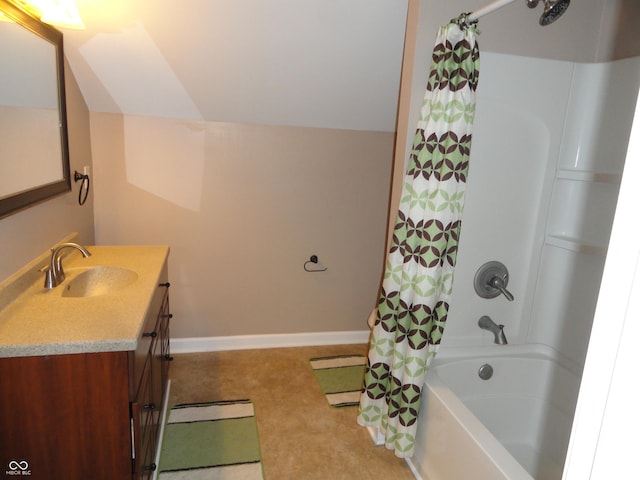 2502 N Harding St, Indianapolis, IN 46208 - bathroom featuring vanity, shower / bath combination with curtain, lofted ceiling, and tile patterned floors