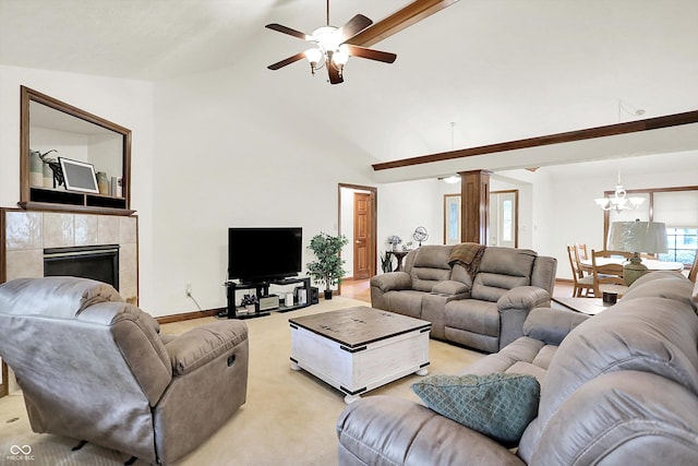 1456 Bent Tree Pl, Greenwood, IN 46143 - living area featuring a ceiling fan, a chandelier, a tile fireplace, ornate columns, and high vaulted ceiling
