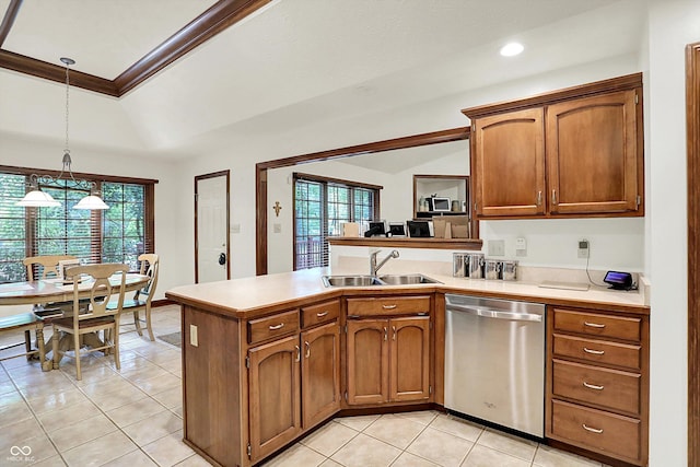 1456 Bent Tree Pl, Greenwood, IN 46143 - kitchen featuring stainless steel dishwasher, a peninsula, healthy amount of natural light, light tile patterned flooring, and recessed lighting