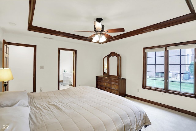 1456 Bent Tree Pl, Greenwood, IN 46143 - bedroom featuring a raised ceiling, light colored carpet, ornamental molding, ceiling fan, and ensuite bathroom