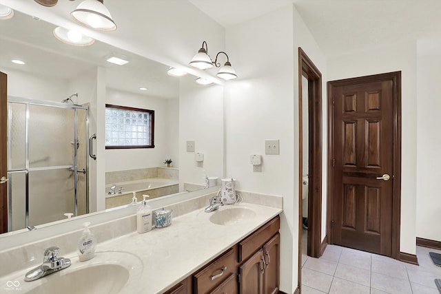 1456 Bent Tree Pl, Greenwood, IN 46143 - bathroom with tile patterned flooring, a garden tub, a shower stall, and double vanity