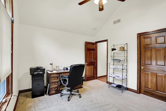 1456 Bent Tree Pl, Greenwood, IN 46143 - home office featuring a ceiling fan, light colored carpet, and high vaulted ceiling