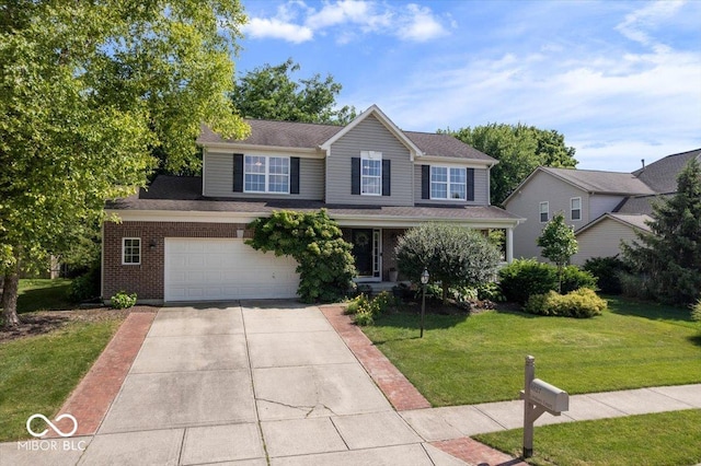 8827 Lindsey Ct, Fishers, IN 46038 - view of front facade featuring driveway, a front lawn, a garage, brick siding, and a shingled roof