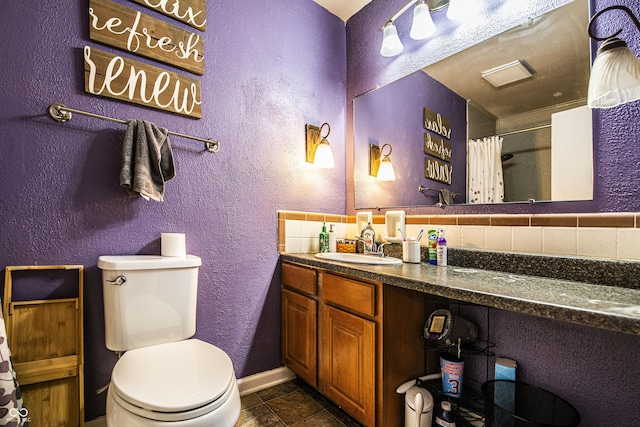 4318 Mesa Ct, Indianapolis, IN 46241 - bathroom with a textured wall, vanity, tile patterned floors, a shower with curtain, and decorative backsplash