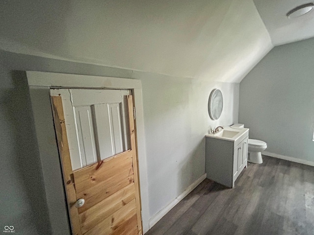 21 N Gladstone Ave, Indianapolis, IN 46201 - bathroom with vanity, wood finished floors, and lofted ceiling