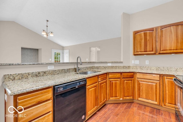 1139 Fernwood Way, Plainfield, IN 46168 - kitchen featuring black dishwasher, vaulted ceiling, light stone counters, and light wood finished floors