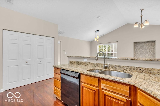 1139 Fernwood Way, Plainfield, IN 46168 - kitchen with black dishwasher, dark wood-type flooring, vaulted ceiling, a chandelier, and light stone countertops