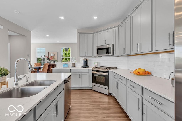 3546 Brampton Ln, Westfield, IN 46074 - kitchen featuring appliances with stainless steel finishes, gray cabinets, backsplash, light wood-style floors, and recessed lighting