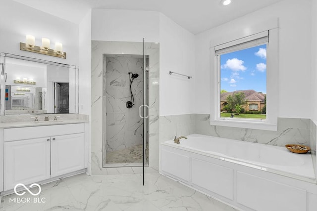 720 Willow Pointe N Dr, Plainfield, IN 46168 - bathroom featuring marble finish floors, a bath, a marble finish shower, vanity, and recessed lighting