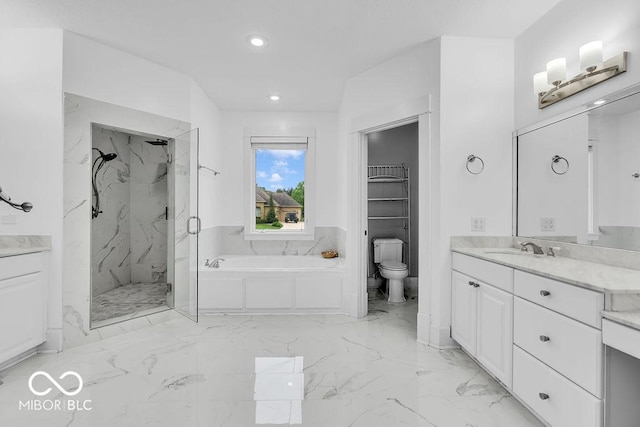 720 Willow Pointe N Dr, Plainfield, IN 46168 - bathroom with a marble finish shower, vanity, a garden tub, marble finish floors, and recessed lighting