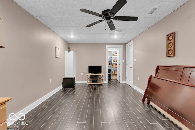 720 Willow Pointe N Dr, Plainfield, IN 46168 - living room with ceiling fan, a drop ceiling, and dark wood-style flooring