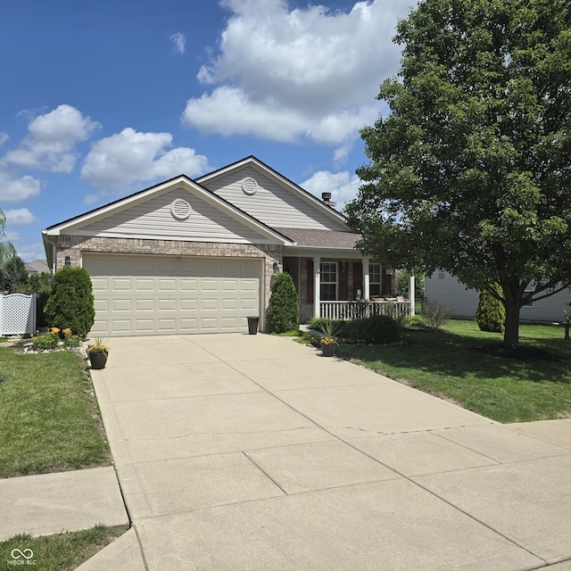 7608 Mather Ln, Indianapolis, IN 46239 - ranch-style house with a garage, a porch, concrete driveway, a front lawn, and brick siding